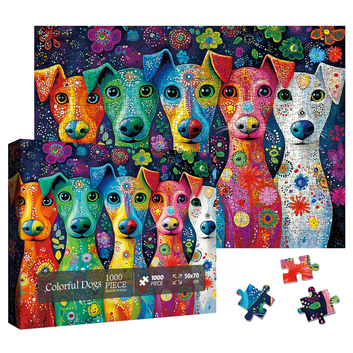 Colorful Dog Painting Jigsaw Puzzle 1000 Piece for Adult, Art Puppy Beautiful Flower Jigsaw Puzzles, Funny Animal Aesthetic Puzzle Larkipuzz