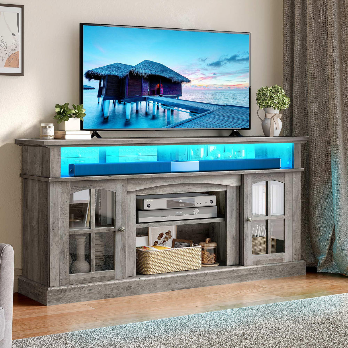 YITAHOME LED Farmhouse TV Stand for TV up to 75 Inch w/Outlets, Highboy Media Entertainment Center Console Table Adjustable Storage Shelves &Cabinet Glass Door for 360lbs for Living Room, Rustic Grey YITAHOME