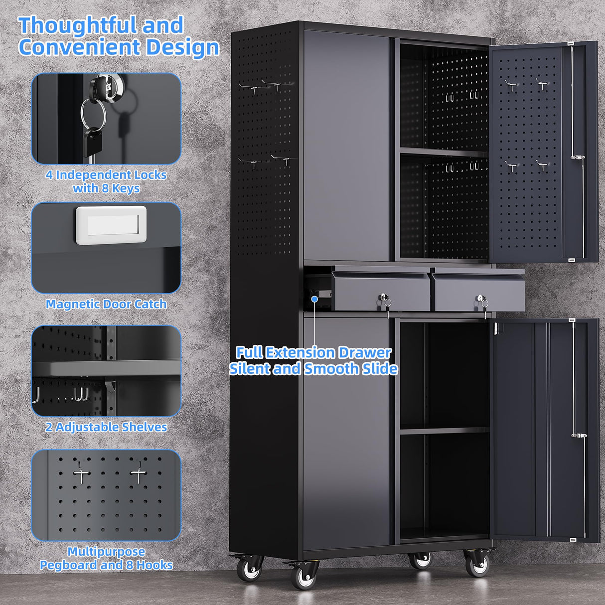 GangMei Metal Garage Storage Cabinet with 2 Drawers and 2 Adjustable Shelves, Rolling Tool Storage Cabinet with Wheels and Locking Doors for Garage, Warehouse, Black and Dark Gray GangMei