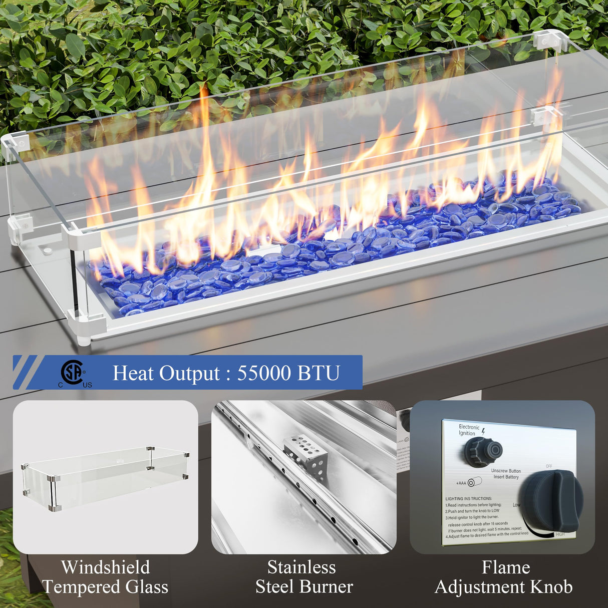 ALAULM 8 Pieces Metal Patio Furniture Set with Propane Fire Pit Table Metal Outdoor Furniture w/55000 BTU Fire Pit Patio Sectional Sofas w/5.1'' Sponge Cushions for Patio, Backyard, Poolside- Sand ALAULM