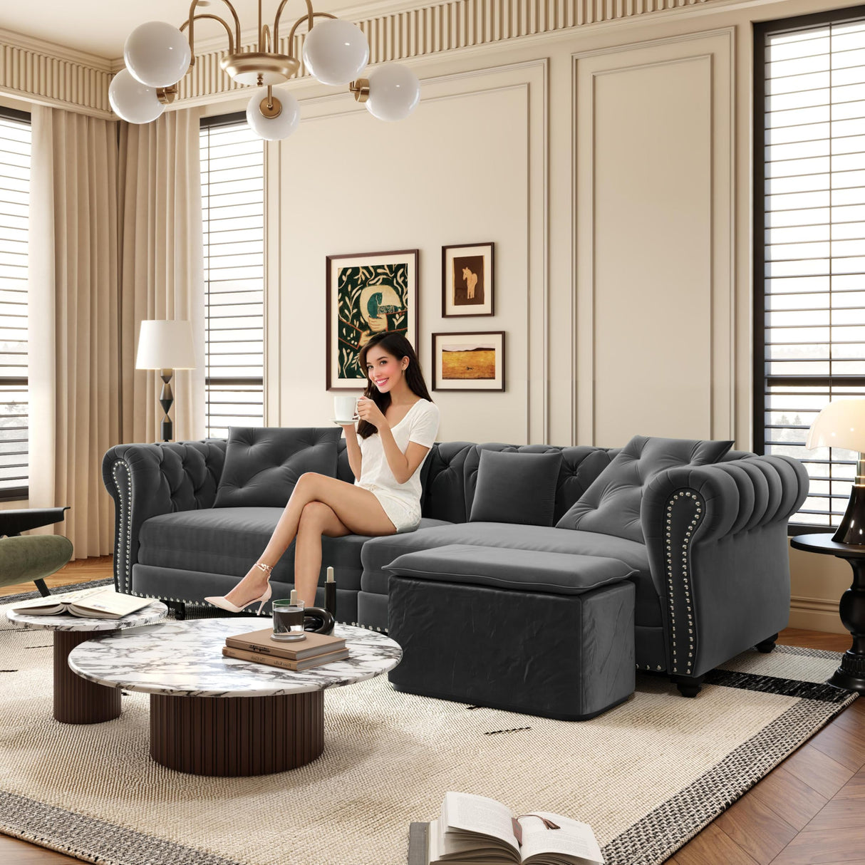 89" Velvet Pull Out Sofa Bed - 3-in-1 Convertible Sleeper Sofa with Ottoman, Button Tufted Chesterfield Sofa, Pull-out King Size Couch Bed, Space Saving for Small Spaces Apartments, Living Room, Grey Justdwells