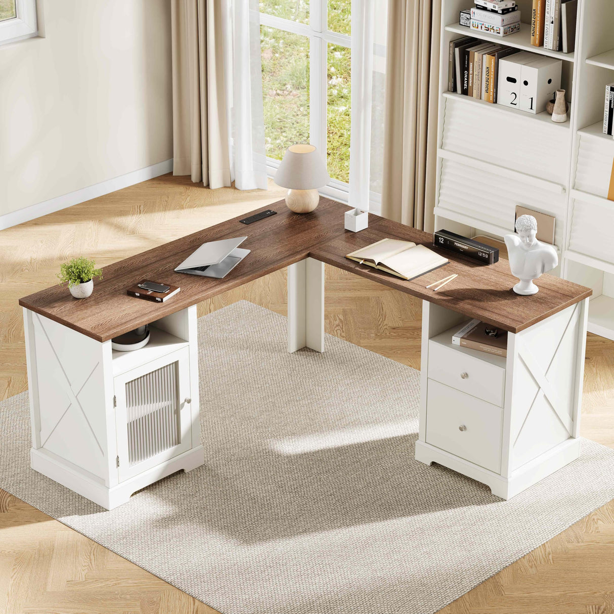 ChooChoo Farmhouse L Shaped Desk with Drawers & Storage Shelf, Home Office Desk with Storage Cabinet, Executive Corner Computer Desk with Charging Station, Home Office Writing Desk, Soft White ChooChoo