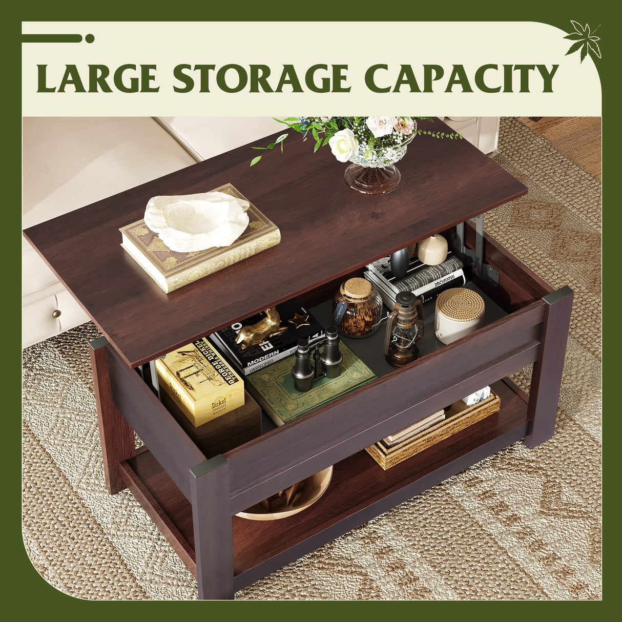 WLIVE Coffee Table, 39" Lift Top Coffee Table with Hidden Compartment, Storage Shelf and Lifting Top for Home Living Room, Office and Bedroom, Red-Brown WLIVE