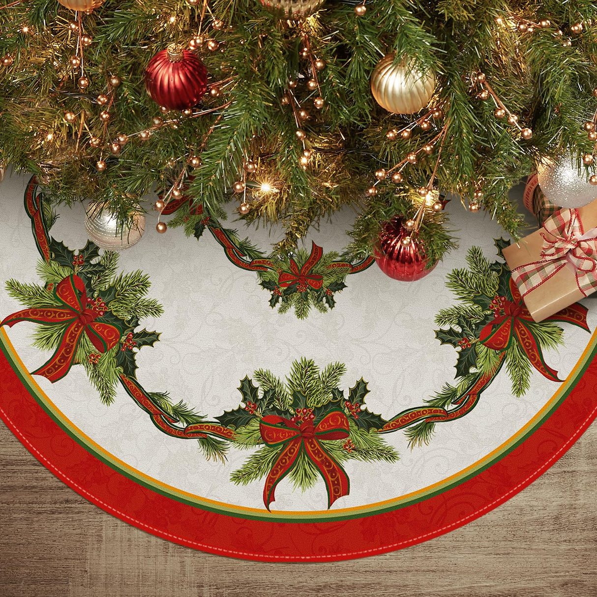 AVOIN colorlife Christmas Tree Skirt 48 Inch, Christmas Ribbon Holly Winter Holiday Tree Mat Decoration AVOIN colorlife