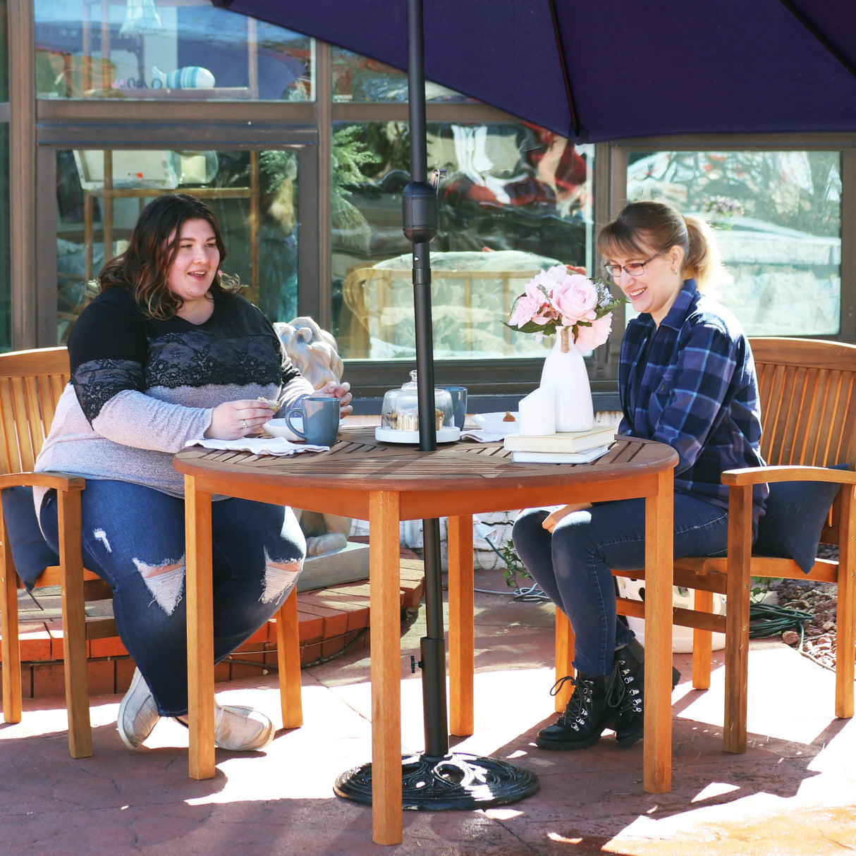 Sunnydaze Meranti Wood Round Outdoor Dining Table with Umbrella Hole - Teak Oil Finish - 42-Inch Sunnydaze