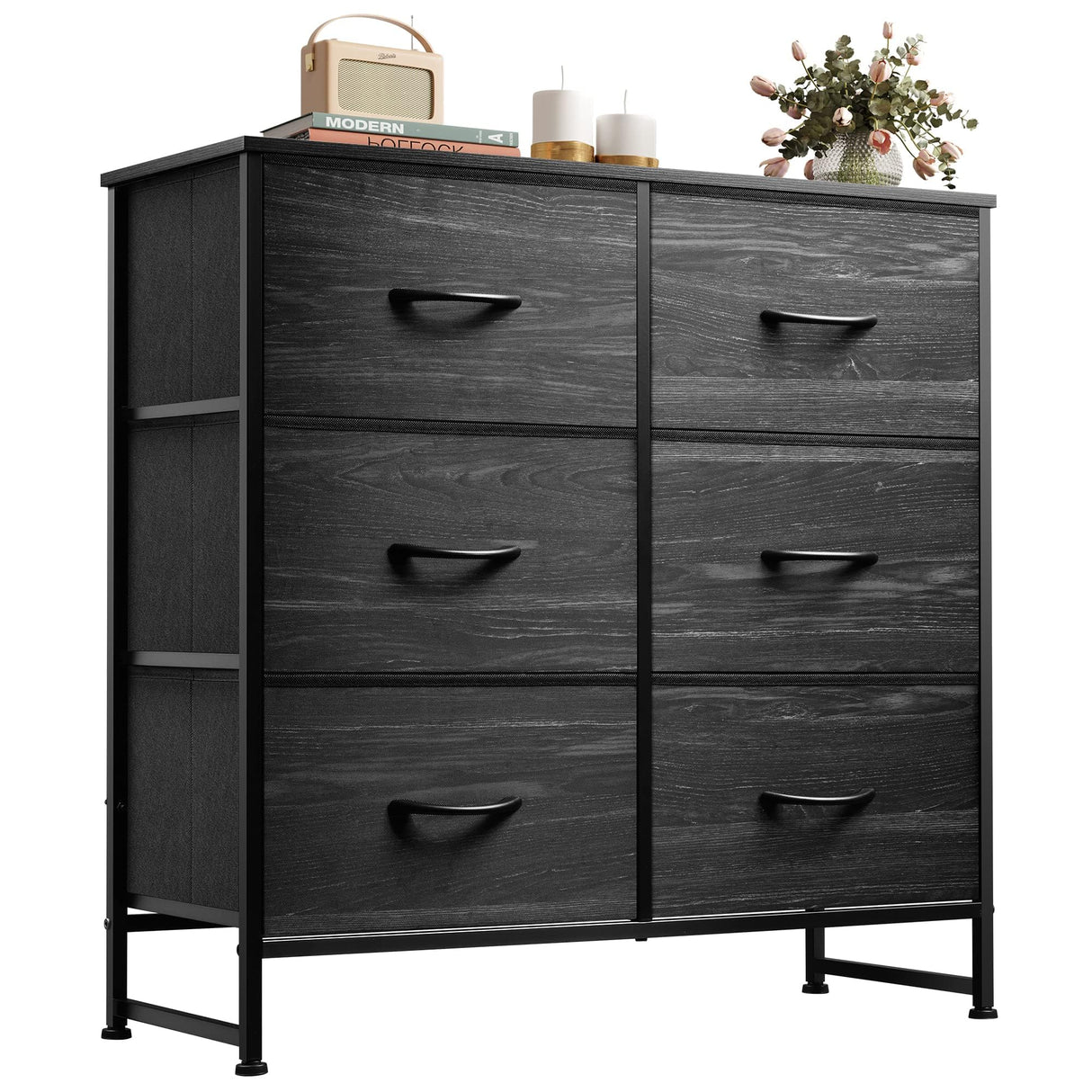 WLIVE Fabric Dresser for Bedroom, 6 Drawer Double Dresser, Storage Tower with Fabric Bins, Chest of Drawers for Closet, Living Room, Hallway, Charcoal Black Wood Grain Print WLIVE