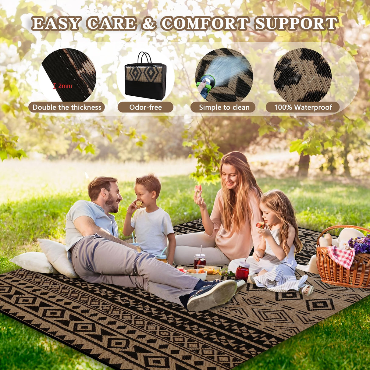 Wallona Outdoor Rugs 5x8 ft Patio Waterproof Clearance Indoor Outdoor Carpet for Patio Plastic Straw Reversible Area Rugs Mat for RV, Camping, Balcony, Beach, Picnic, Porch, Boho Black & Brown Wallona