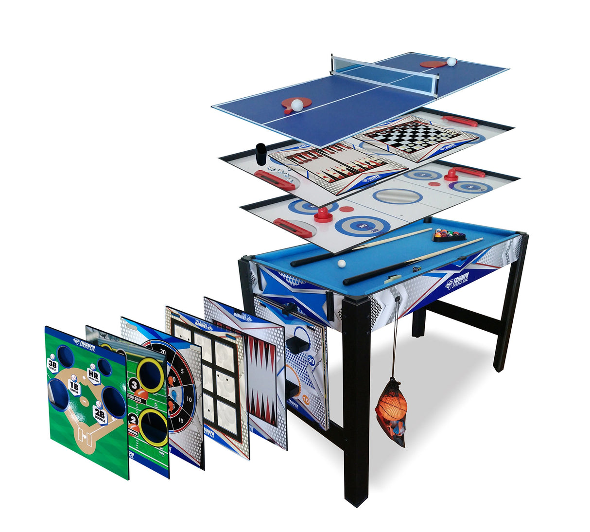 Triumph 13-in-1 Combo Game Table Includes Basketball, Table Tennis, Billiards, Push Hockey, Launch Football, Baseball, Tic-Tac-Toe, and Skee Bean Bag Toss Triumph Sports
