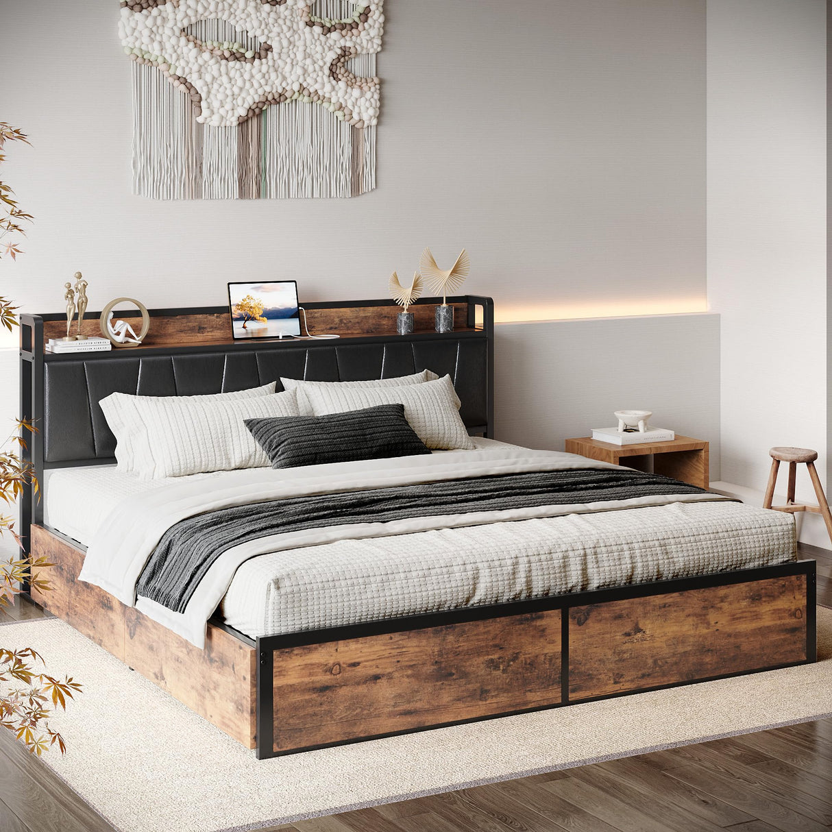 LIKIMIO King Bed Frame with 4 Storage Drawers, Platform Bed with Charged Headboard, Sturdy and Stable, No Noise, No Box Spring Needed, Easy to Install, Vintage Brown and Black LIKIMIO