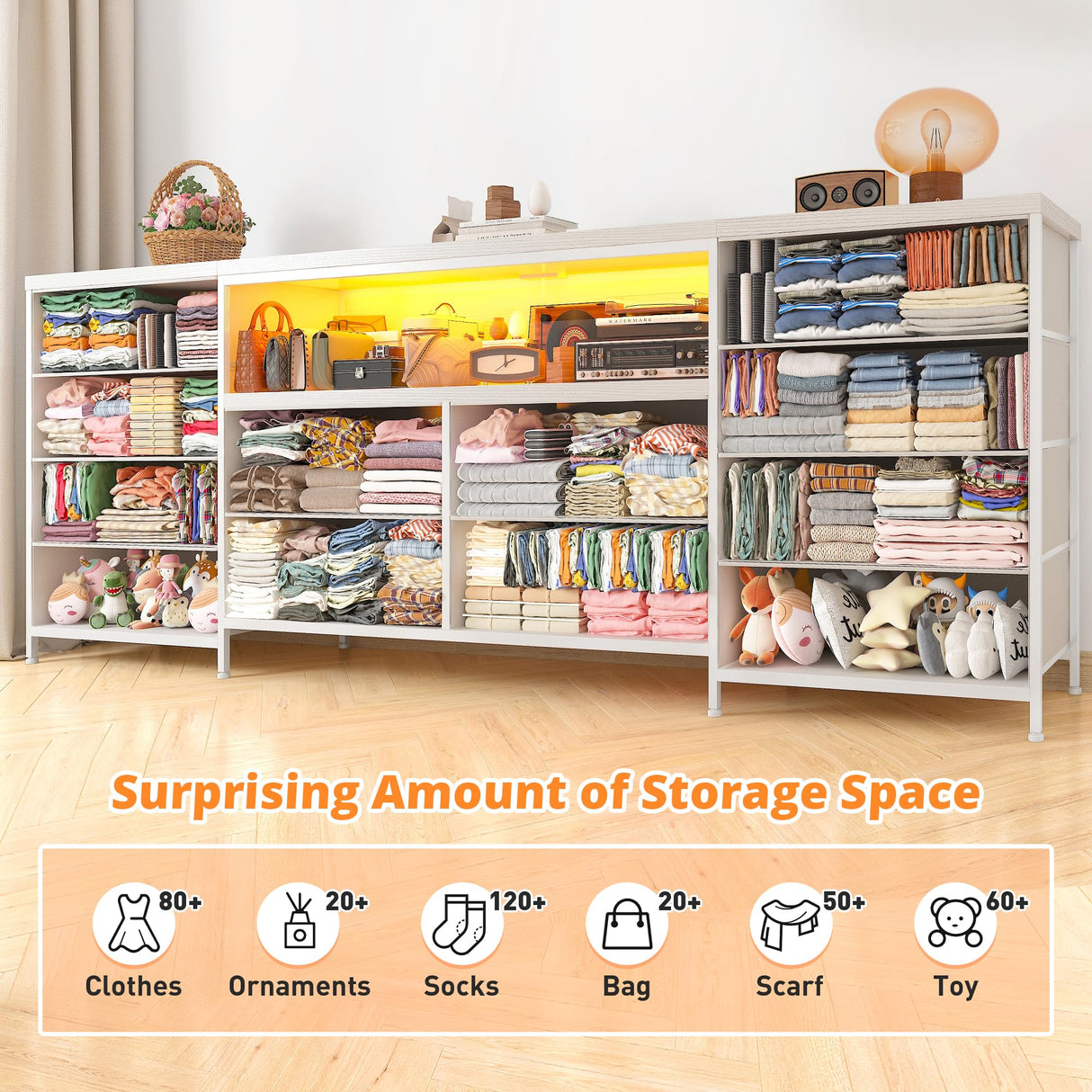 EnHomee 12 Drawer Dresser TV Stand for 65 70 75 Inch TV, 63" W Extra Long White Dresser for Bedroom with LED Lights & Power Outlets, Entertainment Center with Drawers, Fabric Dresser for Closet EnHomee