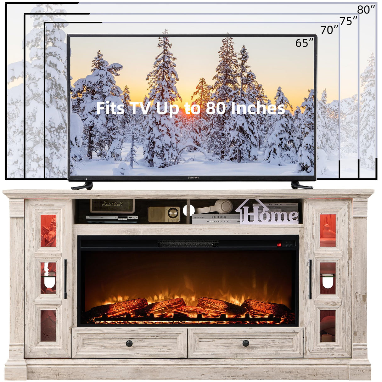 OKD TV Stand with Fireplace for up-to-80 TV, Farmhouse 72" Entertainment Center with 42" Electric Fireplace, TV Console with Glass Door Cabinets & Drawers for Living Room, Antique Brush White OKD