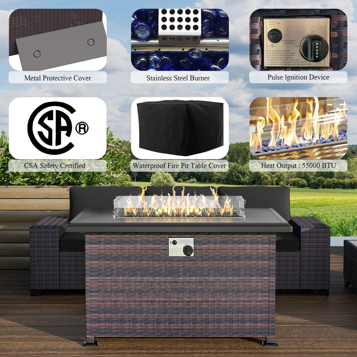 RTDTD Outdoor Patio Furniture Set with Propane Fire Pit Table, 13 Pieces Outdoor Furniture Patio Sectional Sofa Conversation Sets w/ETL Approved 43" Gas Outdoor Fire Table & Coffee Table(Black) RTDTD