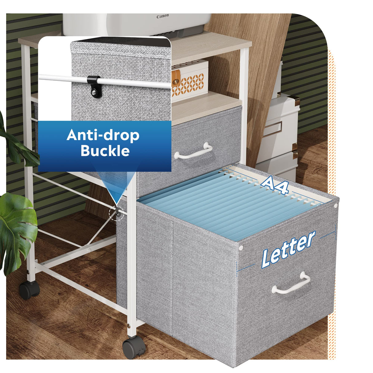 DEVAISE 2 Drawer Mobile File Cabinet, Rolling Printer Stand with Open Storage Shelf, Fabric Vertical Filing Cabinet fits A4 or Letter Size for Home Office, Light Grey DEVAISE