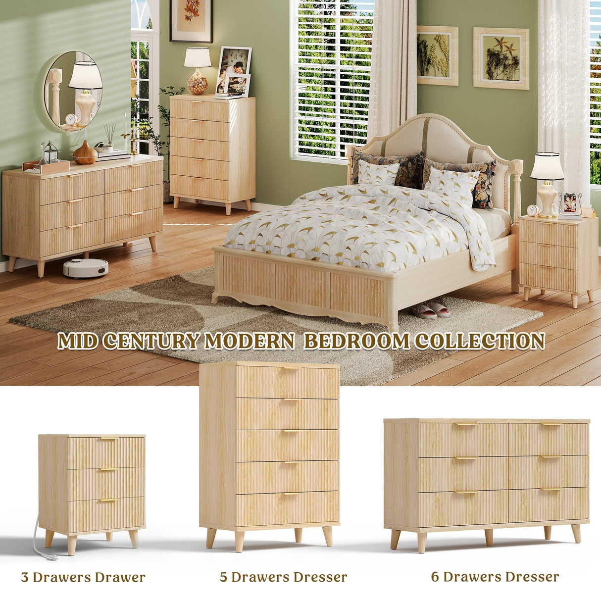 Lulive Dresser for Bedroom Wood Dressers Chest of Drawers, Fluted 53.2" Wide Modern Long Dresser TV Stand 6 Drawers for Bedroom, Closet, Living Room, Hallway (Natural) Lulive
