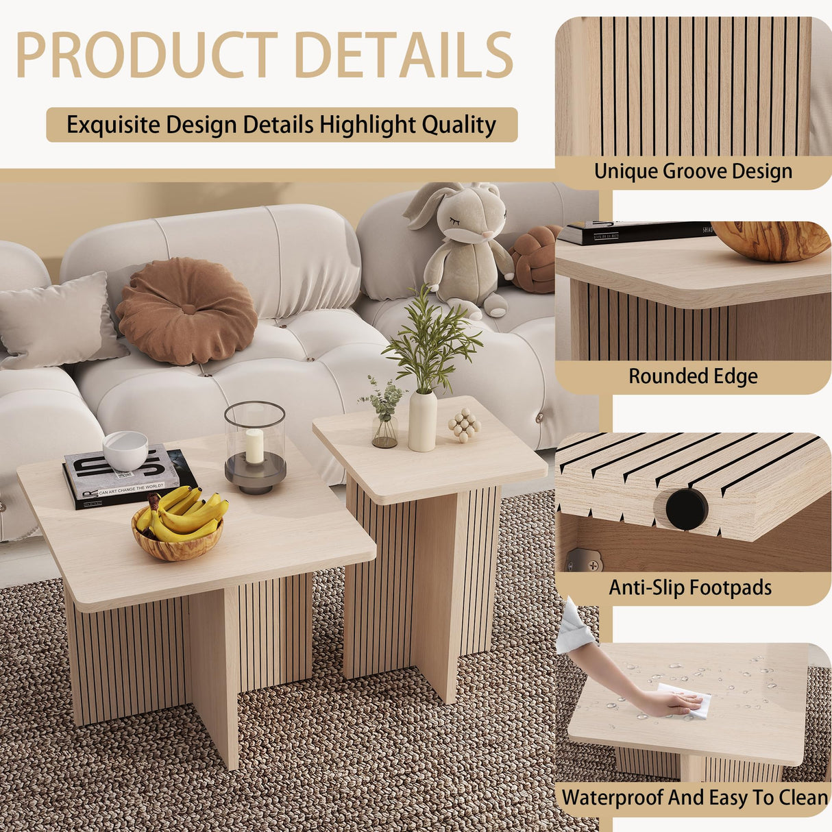 Nesting Wood Grain Color Tables for Living Room: Nesting Coffee Table Set of 2, Modern Wooden Square Center & Side Piece, Fluted Design Small End Stand for Spaces LABROSKIA