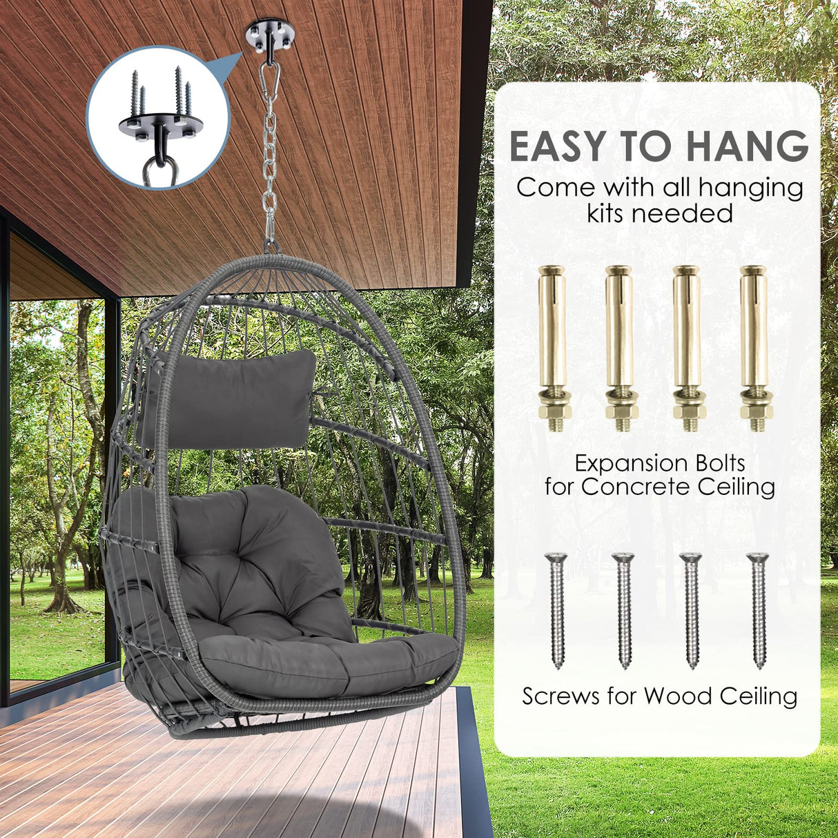 Yechen Hanging Egg Chair Outdoor Without Stand Indoor, Aluminum Foldable Swing Egg Chairs - Wicker Rattan Hammock Egg Porch Swing with UV Resistant Cushions for Bedroom Patio Balcony Yechen