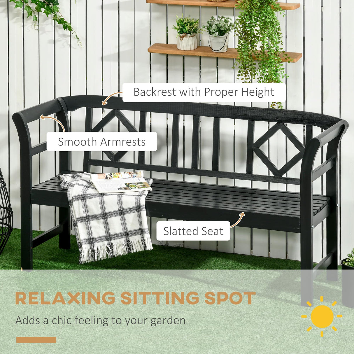 Outsunny Wooden Patio Bench, Outdoor Garden Bench with Backrest and Armrests, 3 Person Porch Bench with Rustic Country Diamond Pattern, Black Outsunny