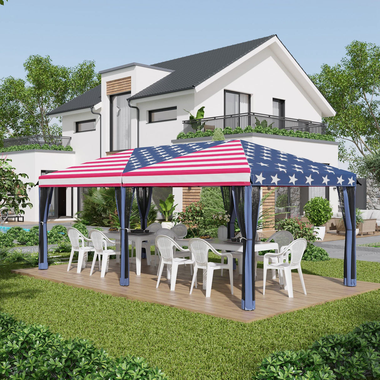 10' X 20' Pop Up Canopy Gazebo Tent with Netting, Heavy Duty Instant Sun Shelter with Carry Bag, Portable Large Tents for Parties for Outdoor, Garden, Patio, American Flag Pattern Event Tent FUCIHOMA