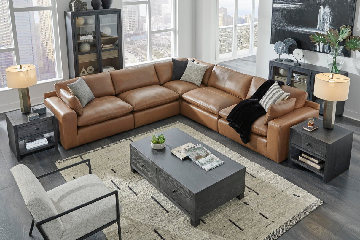 Signature Design by Ashley Emilia Modern Modular Leather Match 5-Piece Sectional with Loose Back Cushions and 2 Bolster Pillows, Light Brown Signature Design by Ashley