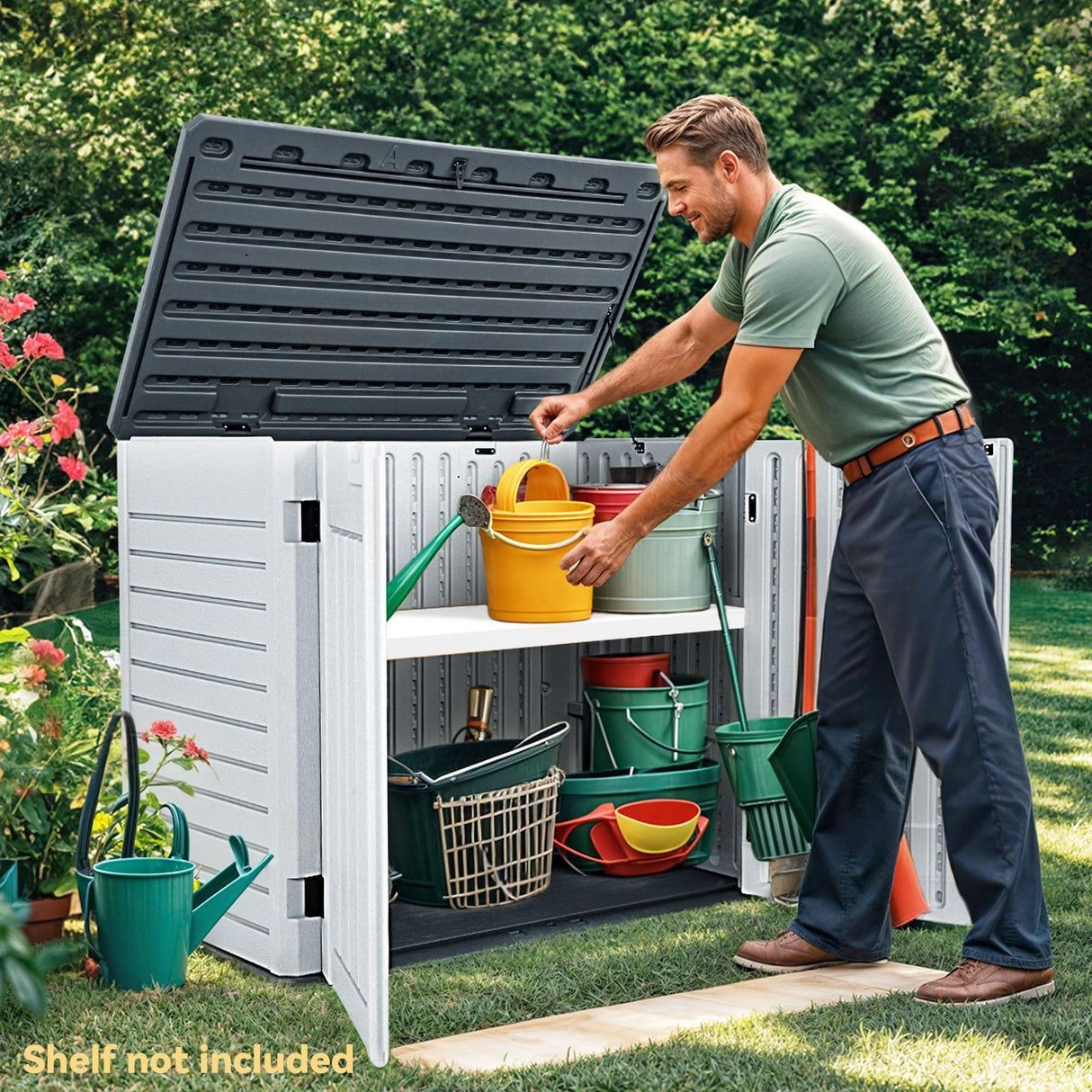 DWVO Outdoor Weather-Resistant Horizontal Storage Shed, 35 Cu Ft Capacity, Lockable and Waterproof, Suitable for Storing Garden Tools, Light Gray DWVO