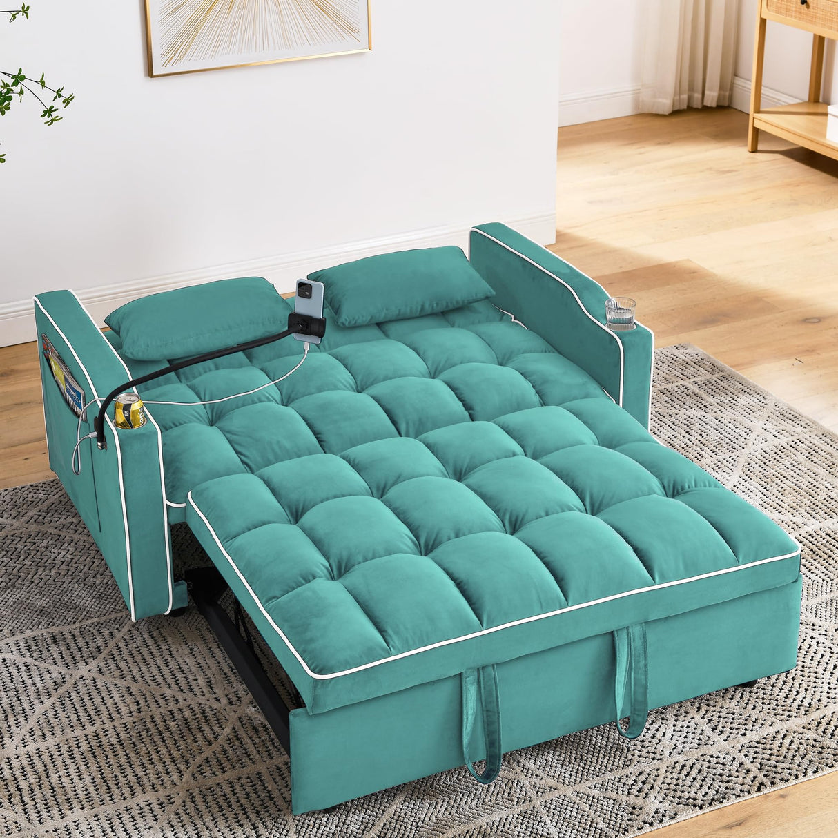 Foldable Sofa Bed with USB Charging Ports, Pull Out Velvet Loveseat Sleeper with Phone Holder, Modern Futon Couch with Cup Holders & Adjustable Backrest for Living Room,Green Merax