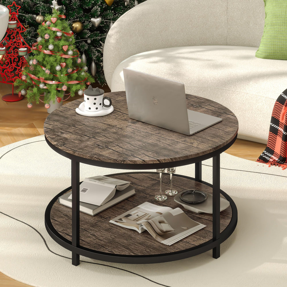 ROCSUMOO 33.5”Coffee Table for Living Room, Round Coffee Table with 2-Tier Storage Shelf, Wood Side Table Modern Open Storage for Bedroom Home Office (Round, Walnut) ROCSUMOO