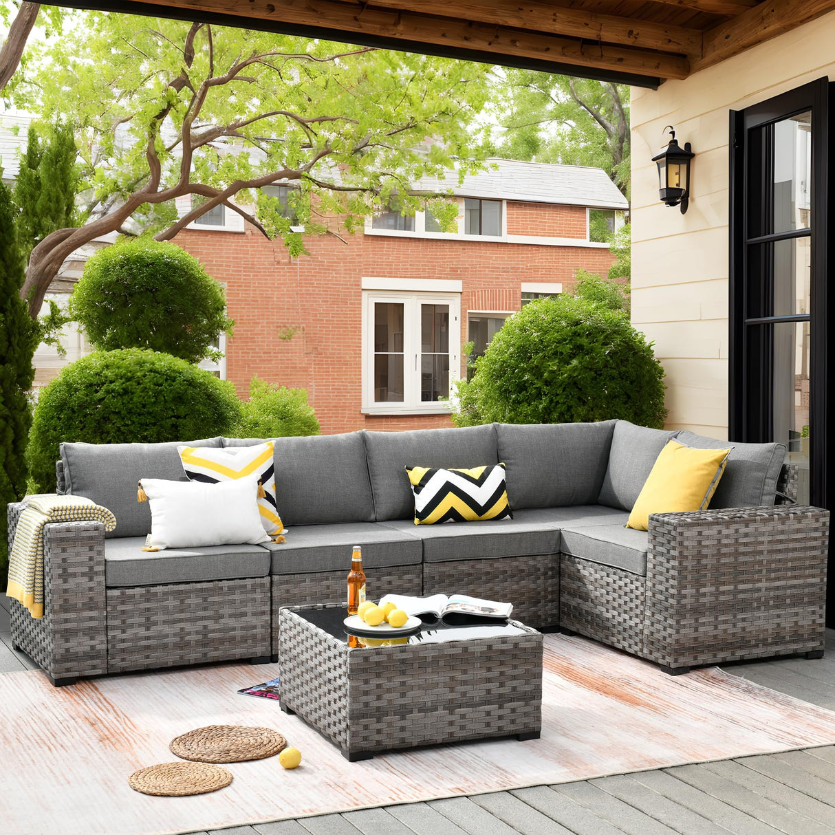 ovios 6 Pieces Patio Furniture Set, Outdoor Wicker Sectional Sofa with Coffee Table Comfy Cushions, Modern Modular Deep Seat Rattan Couch Conversation Set, Dark Grey ovios