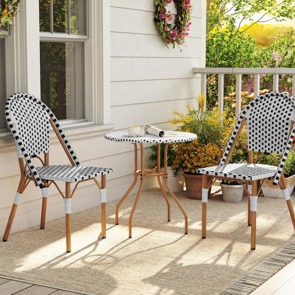 Tangkula 3 Piece French Bistro Table Chair Set, Outdoor Wicker Round Table & 2 Dining Chairs with Metal Support, Outside Accent Dining Furniture Set for Garden, Balcony, Porch Tangkula