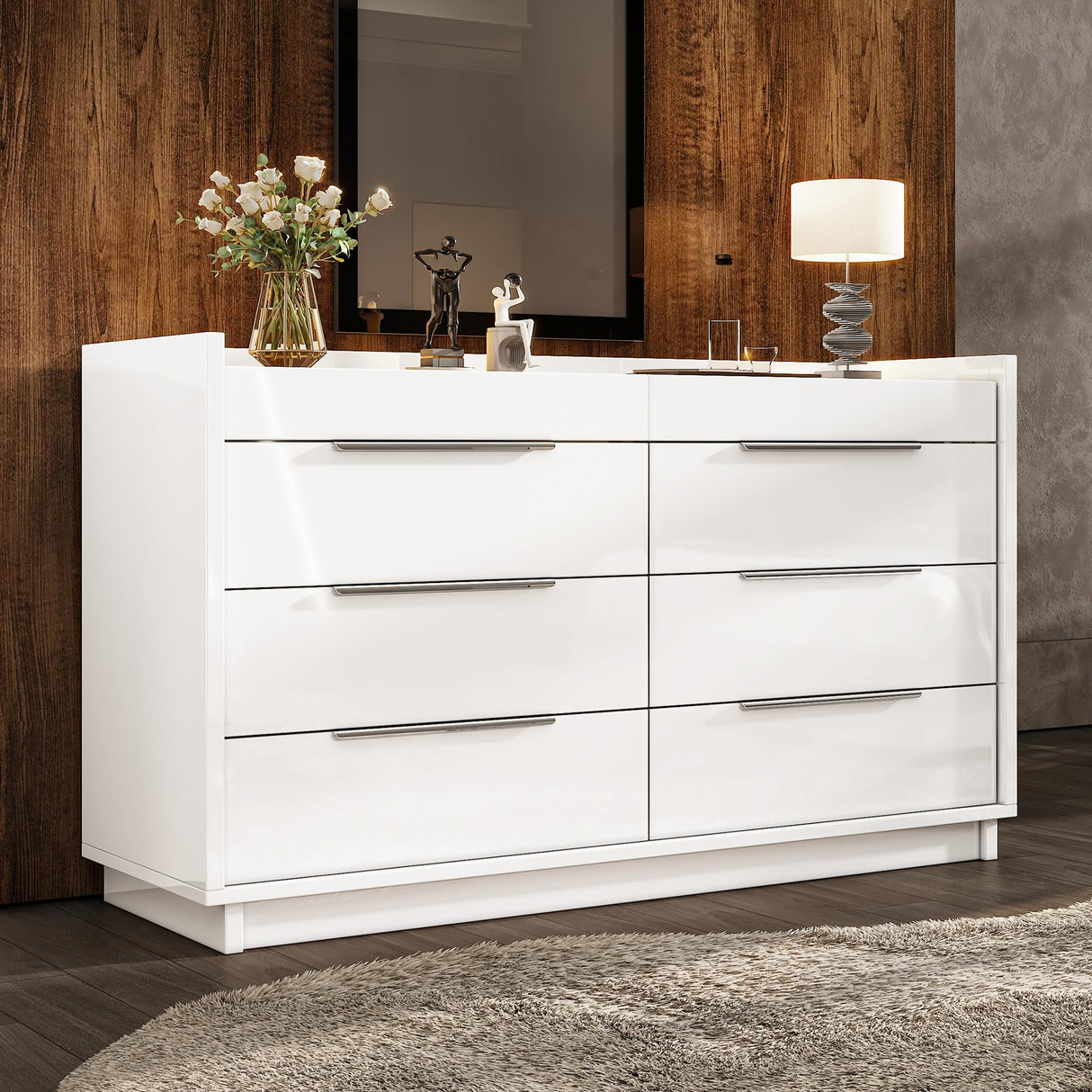 AMERLIFE 47.2" W 8 Drawer Dresser with LED Light & Glass Top, Modern High Gloss Storage Chest with 2 Jewelry Drawers, Storage Organizer for Bedroom, White AMERLIFE