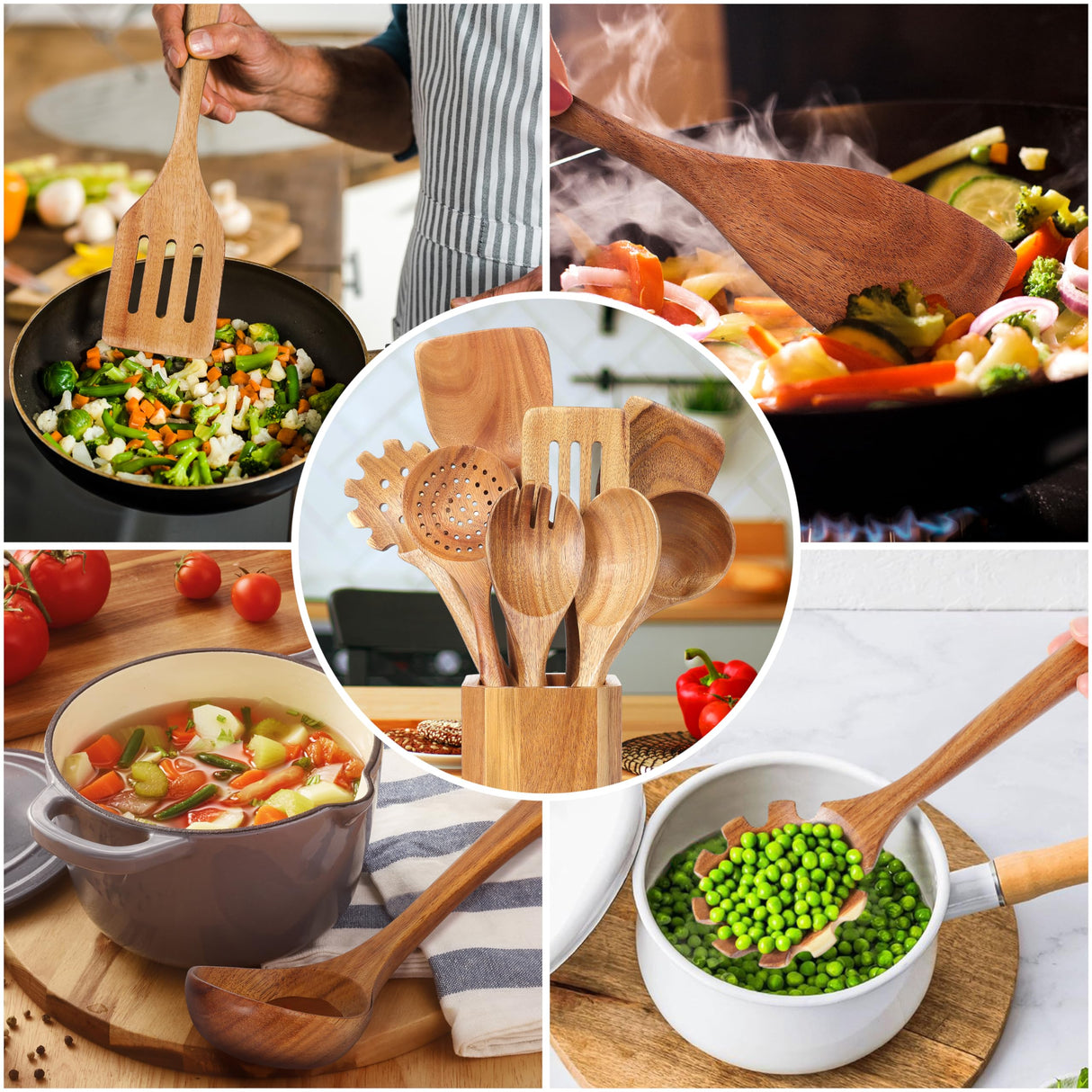 Utensil Cooking Spoon Set with Holder : KINGSOW 9 Pcs Wooden Spoons for Kitchen Nonstick Cookware KINGSOW