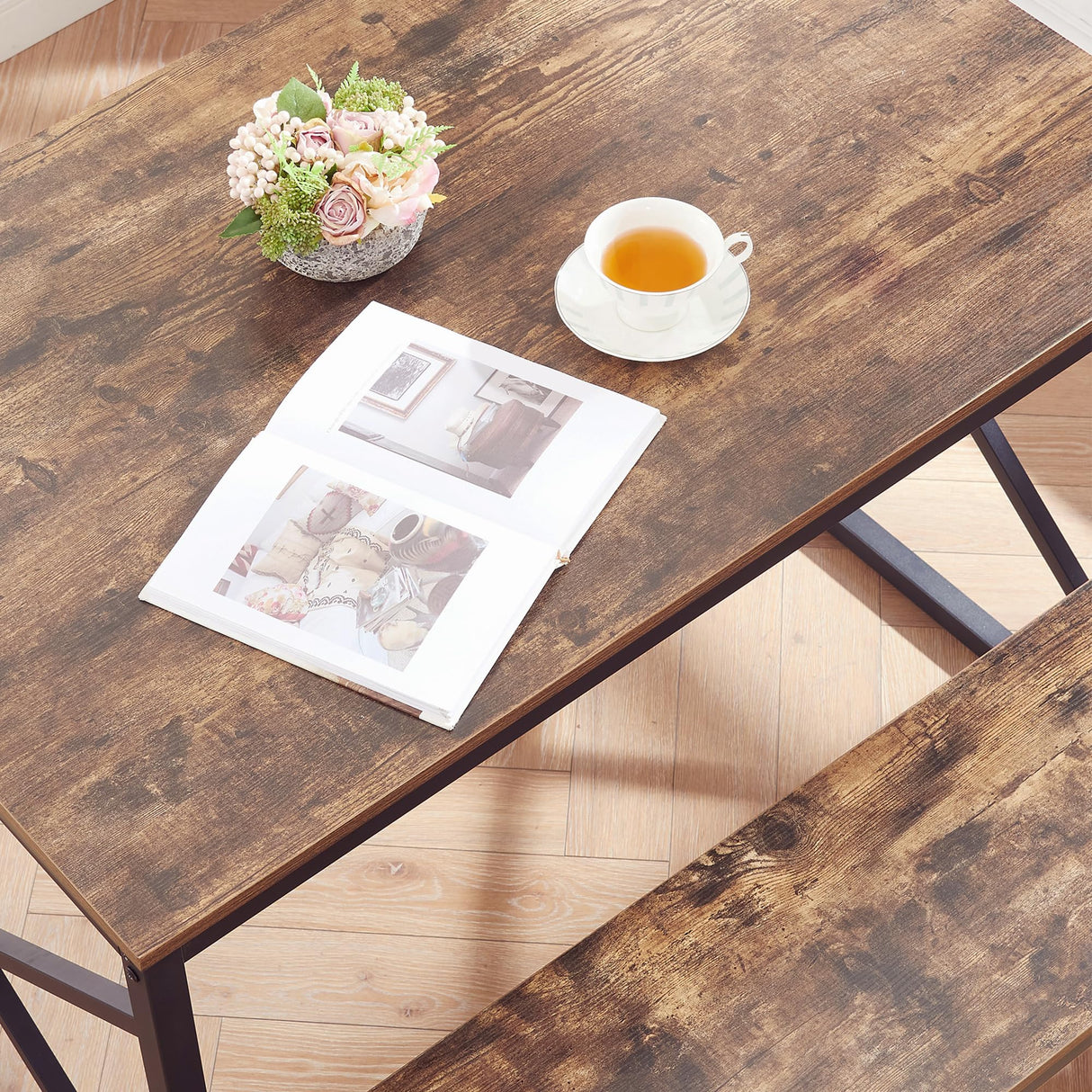 VECELO Kitchen Table with 2 Benches for 4, 43.3'' Wood Dining Room Dinette Sets with X Metal Frame for Breakfast Nook and Small Space, Brown VECELO