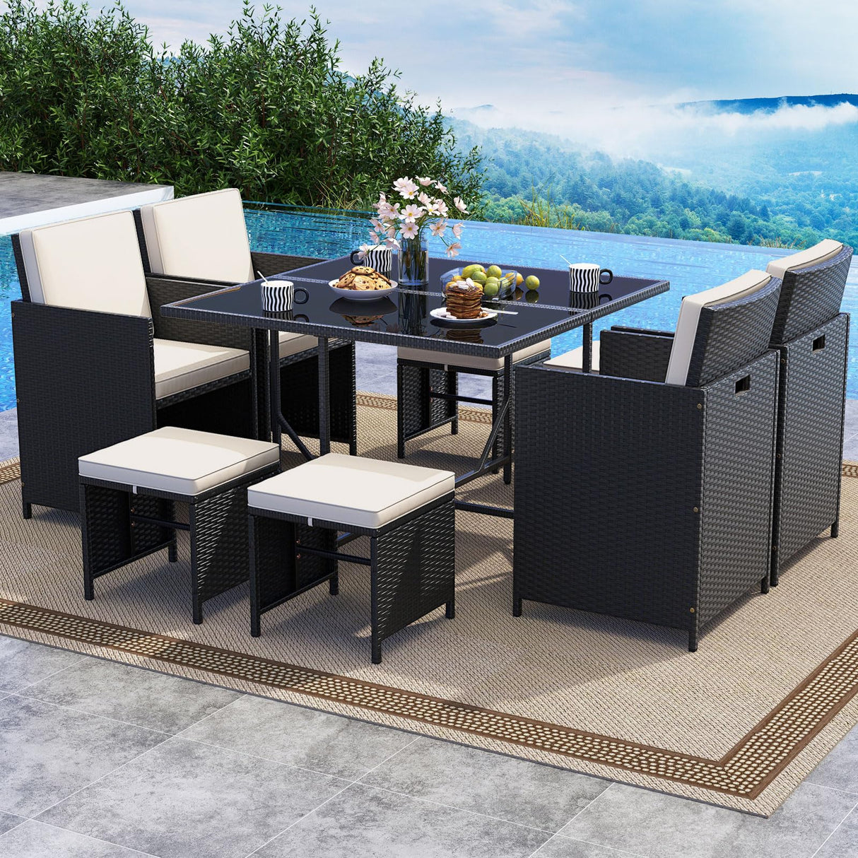 Tangkula 9 Piece Patio Dining Set, Rattan Chairs with Tempered Glass Table & Ottoman, Space Saving Wicker Sectional Conversation Set with Removable Cushions, Outdoor Furniture for Backyard Garden Deck Tangkula