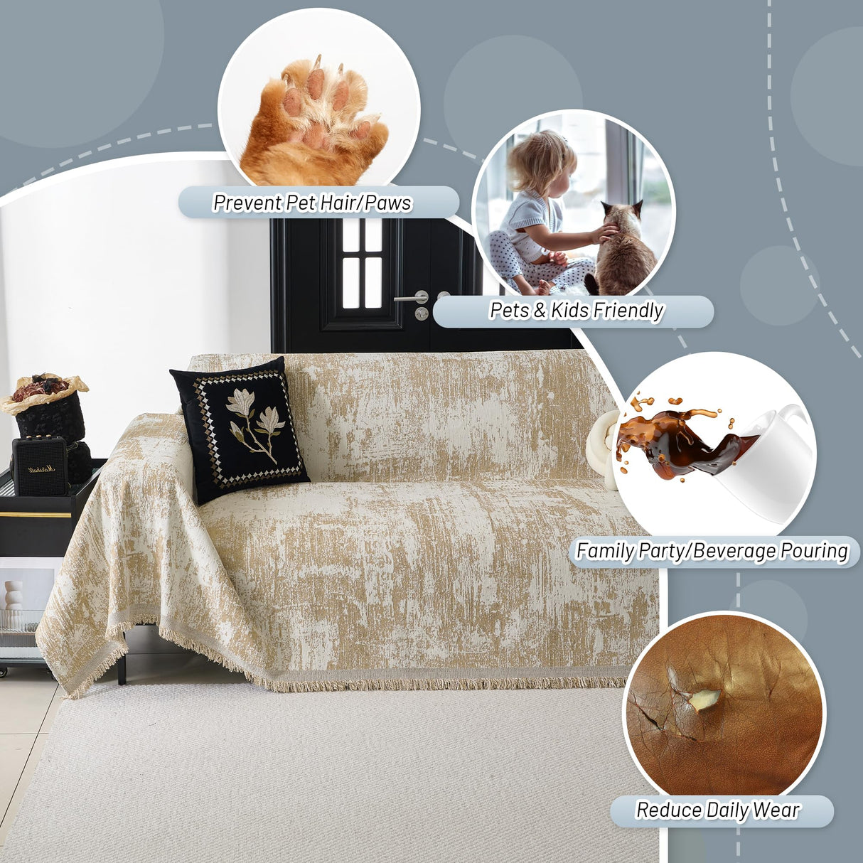 MYSKY HOME Couch Cover for Dogs Washable Couch Sofa Protector for Loveseat Sofa with Cats Pets Friendly Chenille Khaki Abstract Geometric Sofa Covers Soft Durable Farmhouse Sofa Slipcovers, 71" X102" MYSKY HOME