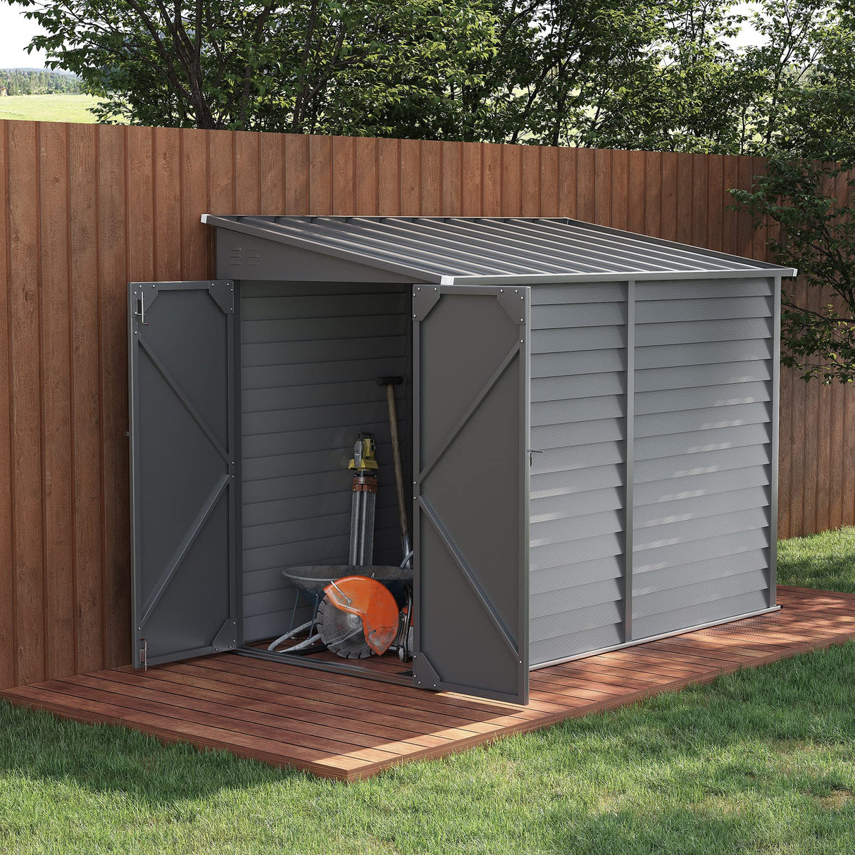 Outsunny 5' x 9' Steel Outdoor Storage Shed, Lean to Shed, Metal Tool House with Foundation Kit, Lockable Doors, Gloves and 2 Air Vents for Backyard, Patio, Lawn, Gray Outsunny