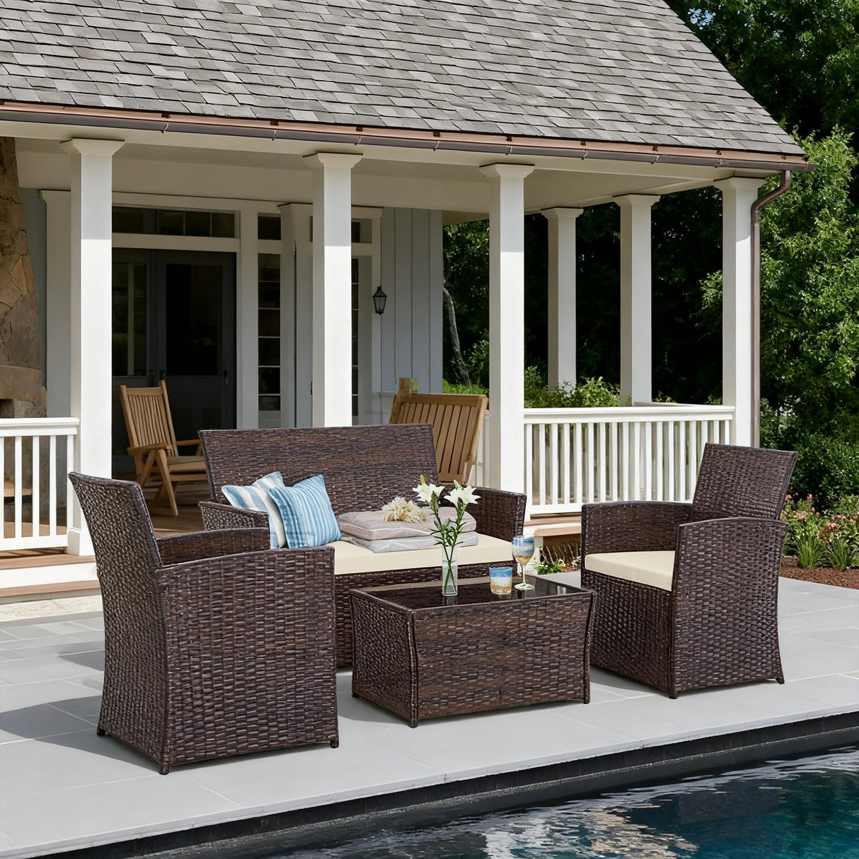 Seogwisam 4 Piece Patio Furniture Set, Outdoor Wicker Conversation Set, Rattan Sectional Sofa Couch with Glass Coffee Table & Thick Cushion for Backyard, Porch, Garden, Poolside, Brown/Beige Seogwisam