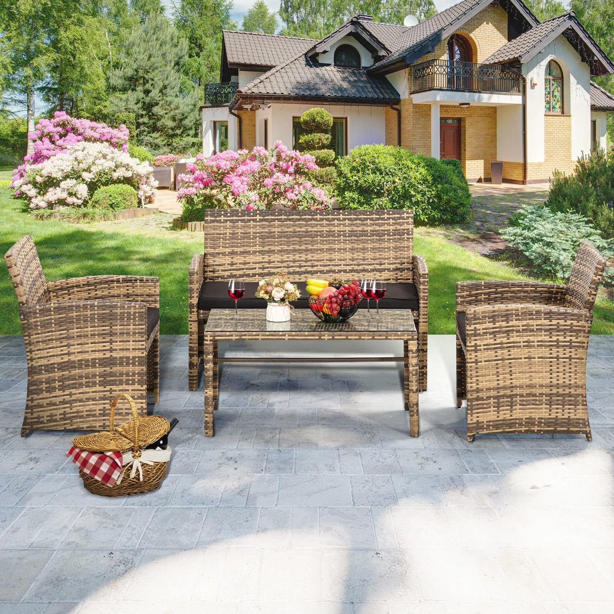 KROFEM 4 Pieces Rattan Patio Furniture Set,Outside Sectional Conversation Cushioned Sofa Set, Wicker Sofa Ideal for Garden, Porch, Backyard, Natural Rattan with Black Cushion KROFEM