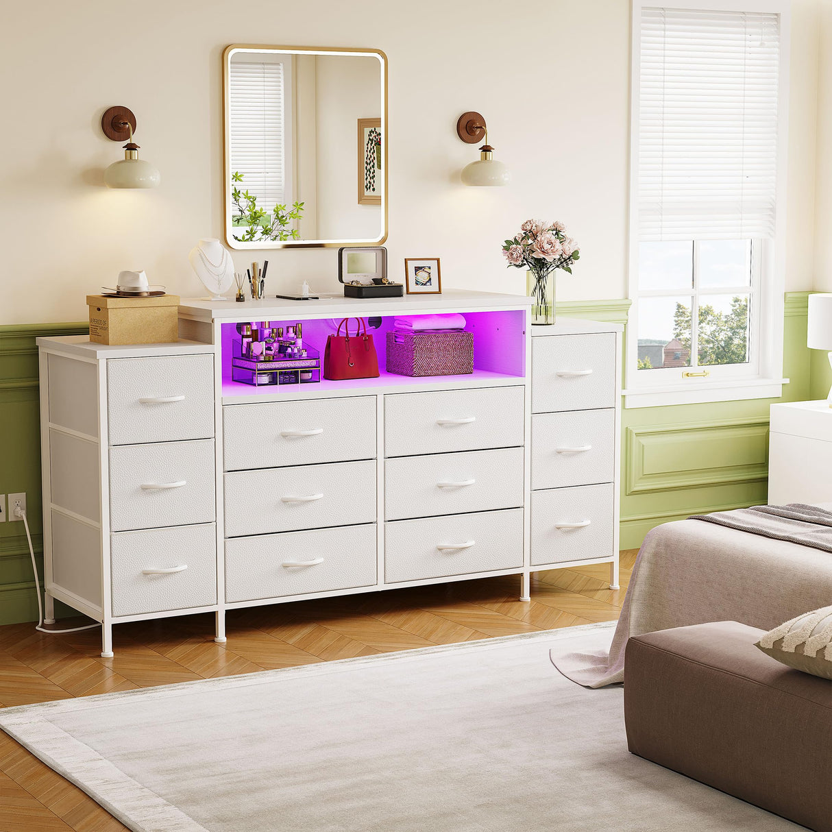 EnHomee 55" W Dresser for Bedroom with LED Lights & Charging Station 12 Drawer Dressers & Chests of Drawers Dresser TV Stand for Bedroom for Hanging 65" TV, Metal Frame & Fabric Drawers, White EnHomee