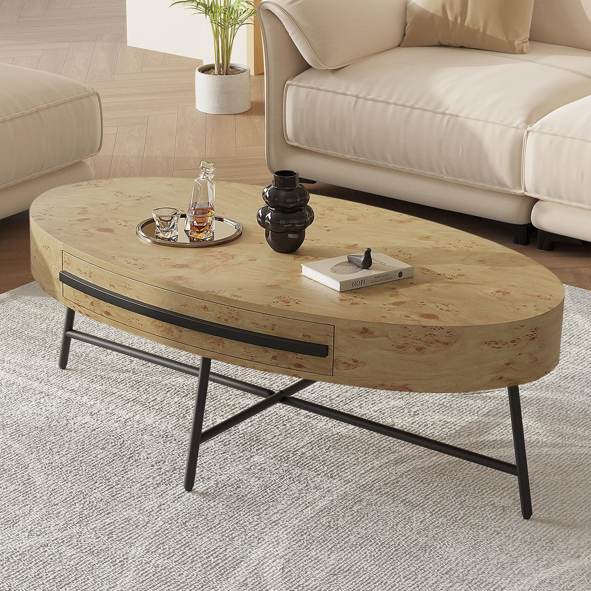 Oval Coffee Table with Drawer, Farmhouse Wooden Center Table 47.2" with Storage, Cross Metal Legs, Unique Curved Design, Center Tables for Living Room, Walnut Finish, Modern Rustic Accent Tea Table IDEALHOUSE