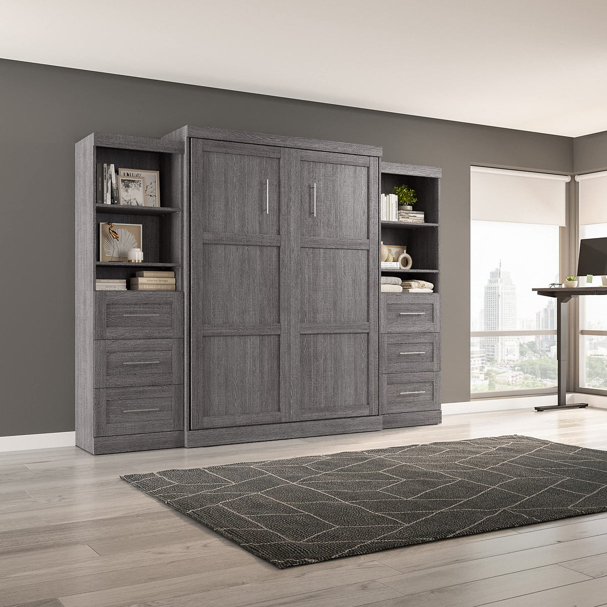 Bestar Pur Queen Murphy Bed and 2 Shelving Units with Drawers, 115-inch Space-Saving Sleeping Arrangement in Bark Grey Bestar