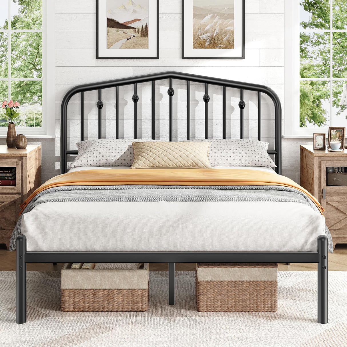 Susalt 14 Inch Queen Bed Frame, Sturdy Rustic Metal Bed Frame Queen Size, Queen Bed Frame with Headboard and 12.5" Under Bed Space, Curved Corner/No Noise/Easy Assembly/No Box Spring Needed, Black Susalt