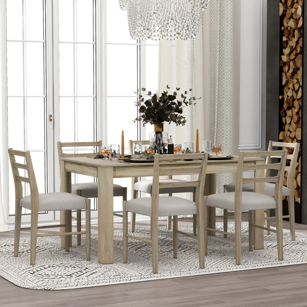 LUMISOL Extendable 7 Piece Dining Room Table Set with Chairs for 6 Persons Wooden Kitchen Table Set with Drawers, LightNatural Wash LUMISOL