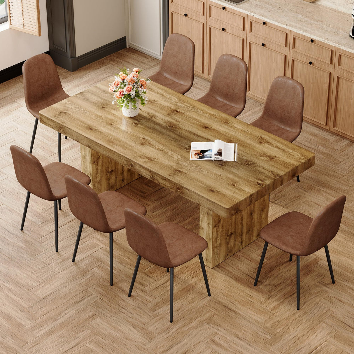 Ganooly Dining Table Set for 8, 78.7" Large Wood Dinner Set for 8 with Faux Leather Chairs, 8 Seater Modern Dining Room Table Sets for Kitchen, Farmhouse Ganooly