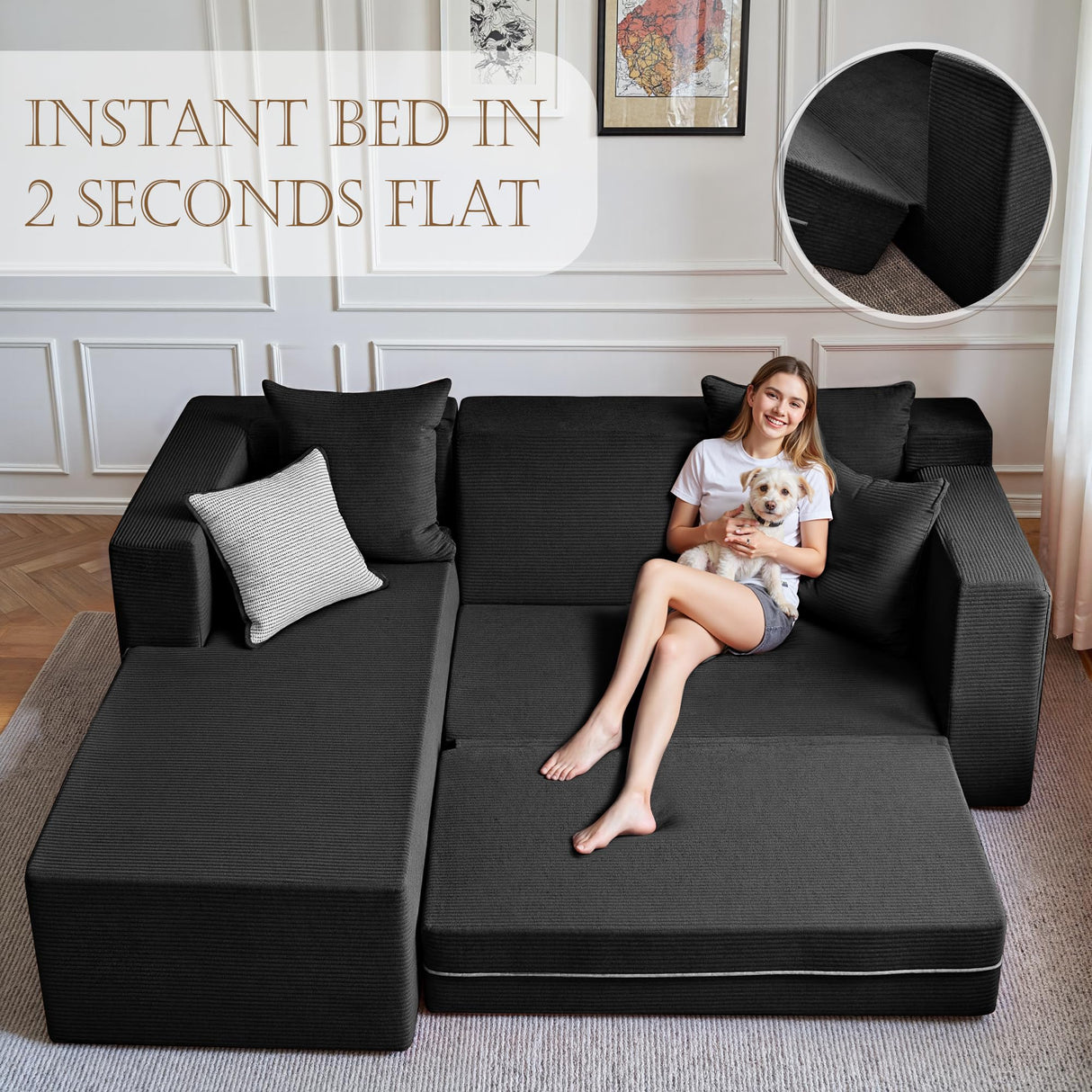 YINIX 106" Sectional Sofa for Living Room, Cloud Couch with 59" Deep Seat, Modern Modular L-Shape Sofa Bed with Chaise, Upholstered Boneless Couches for Bedroom, No Assembly (Black) YINIX