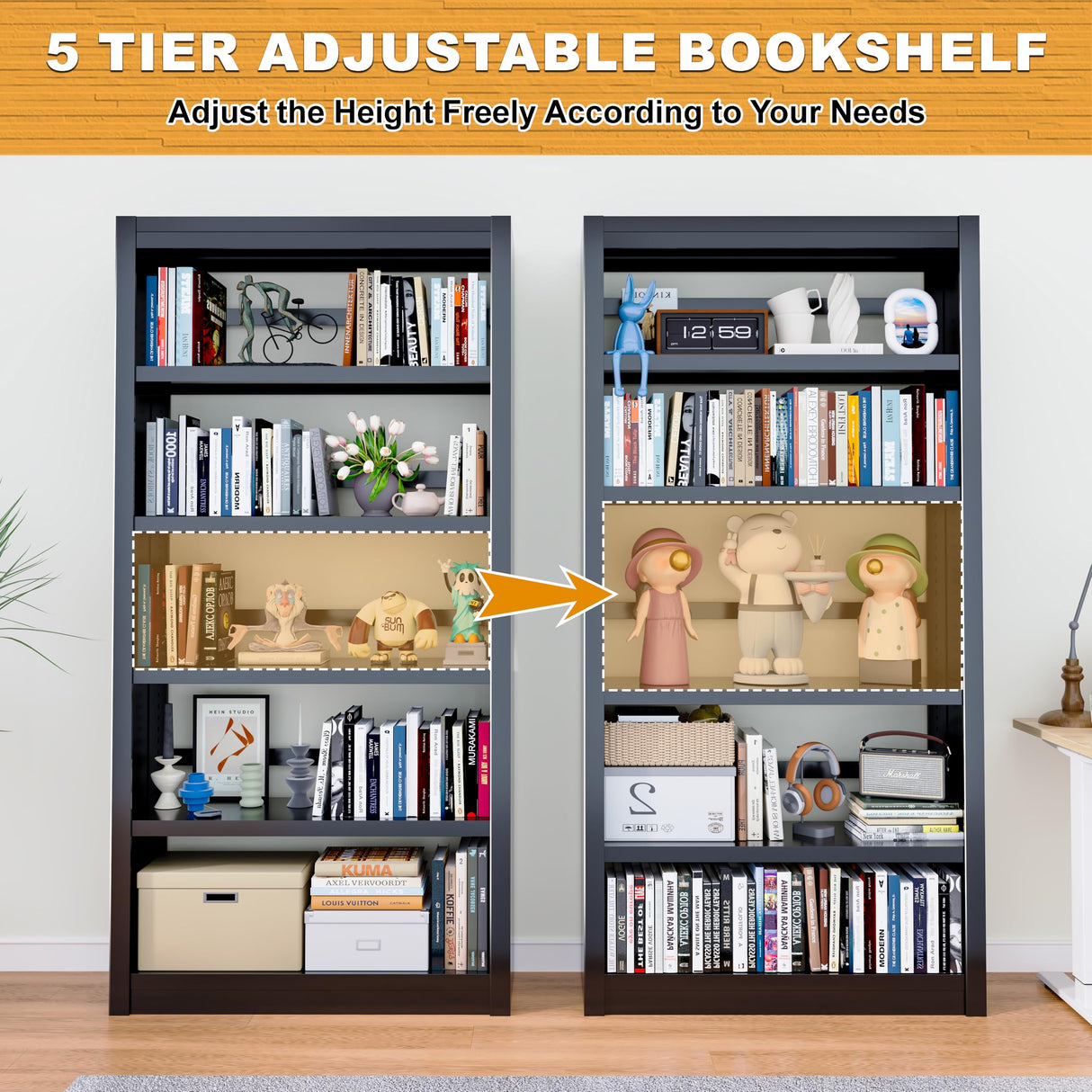 METALREAD Bookshelf, 5 Tier Metal Bookshelf, 69" H Tall Bookcase with Adjustable Shelves, Large Industrial Bookshelves for Living Rooms, Home Offices, Library, 10 Minutes Assemble METALREAD