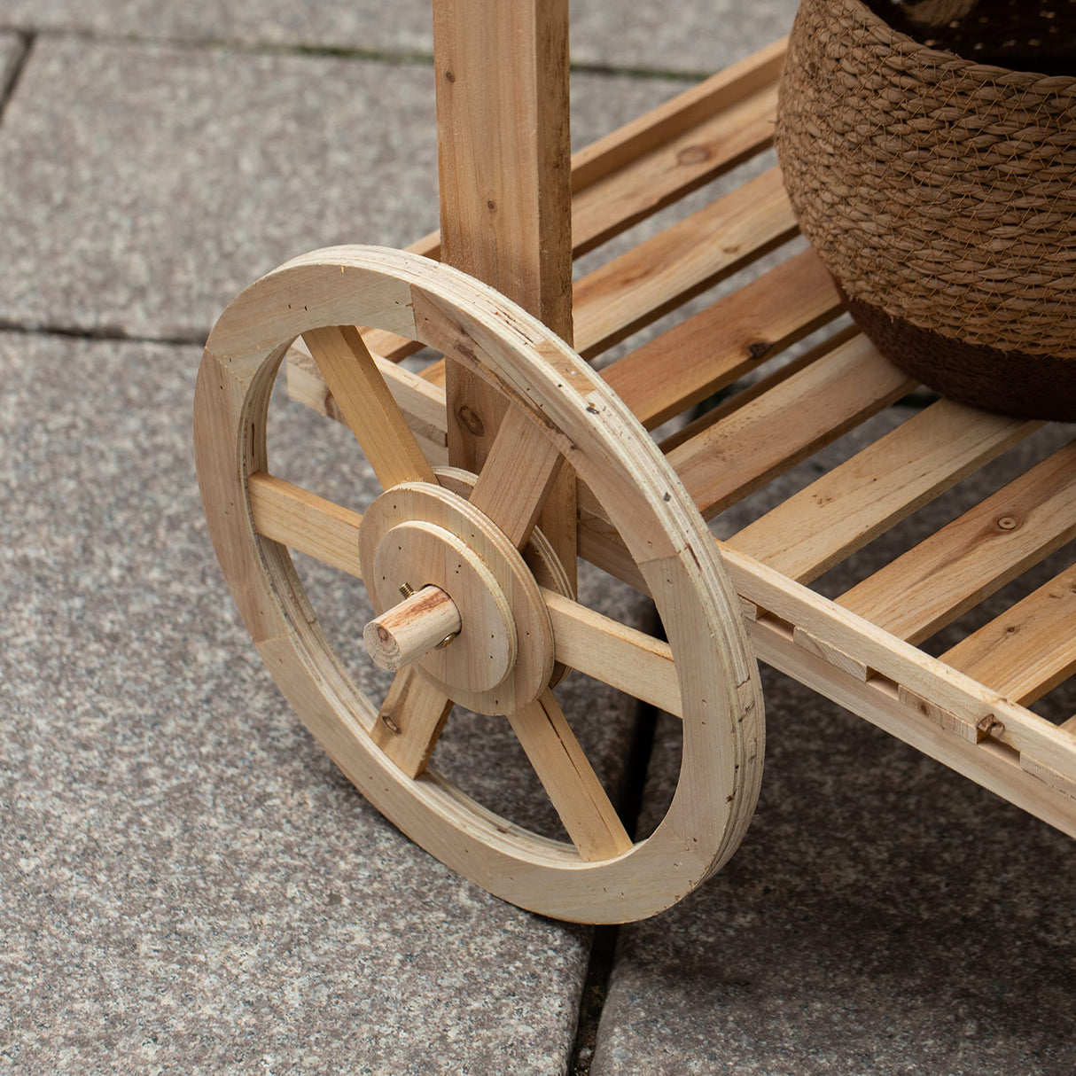 Antique Solid Wood Decor Display Rack Cart Wood Plant Stands with Wheels for Decor Display | 2 Wheeled Wood Wagon with Shelves for Plants and More Vintiquewise