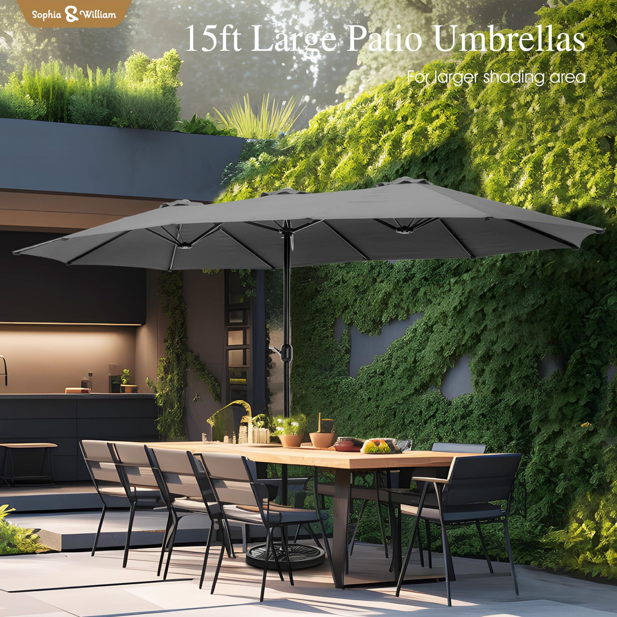 Sophia & William 15 ft Extra Large Patio Umbrella with Base Included, Rectangular Outdoor Umbrella Heavy Duty, Market Umbrella Double-sided Fade Resistant for Pool Garden Backyard, Smoky Gray Sophia & William