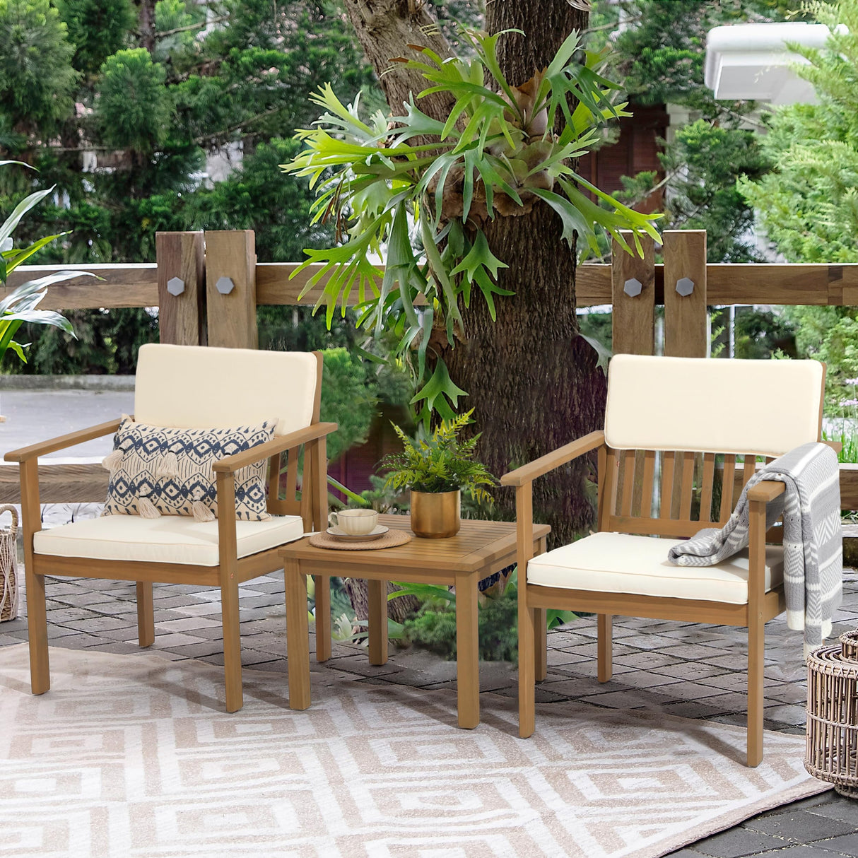 SUNSITT Patio Set 3 Piece Acacia Wood Outdoor Patio Furniture Set FSC Certified Bistro Table and Chairs with Cream White Cushions for Balcony, Porch, Backyard SUNSITT