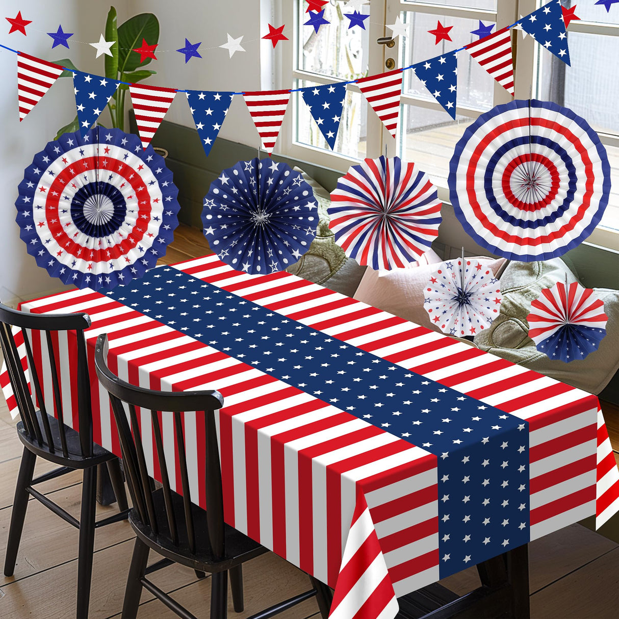 HOOSUN Patriotic 4th of July Decorations Set, 9 Pcs Red White and Blue Paper Fans, USA Pennant Bunting, Star Streamers, Patriotic Tablecloth for Fourth of July Party Supplies, Memorial Day Decor HOOSUN