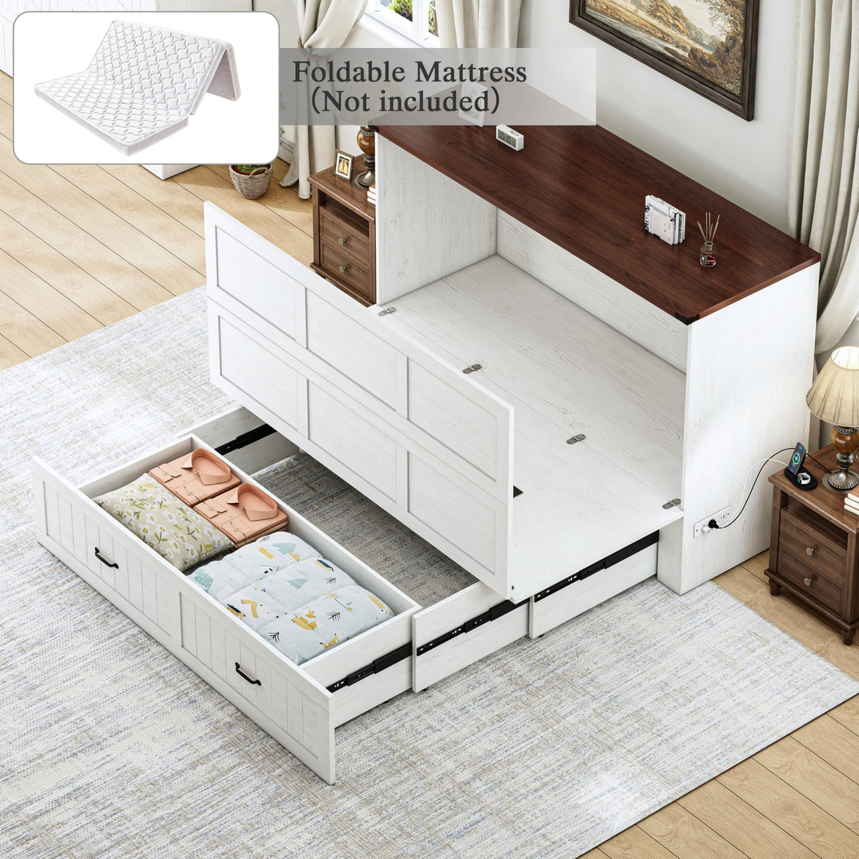 Queen Murphy Bed with Storage & Charging Station, Farmhouse Murphy Cabinet Bed with Large Drawer, Hideaway Foldable Platform Bed for for Guest Room, Bedroom, Home Office, Mattress Not Included, White CayugaCrekrd