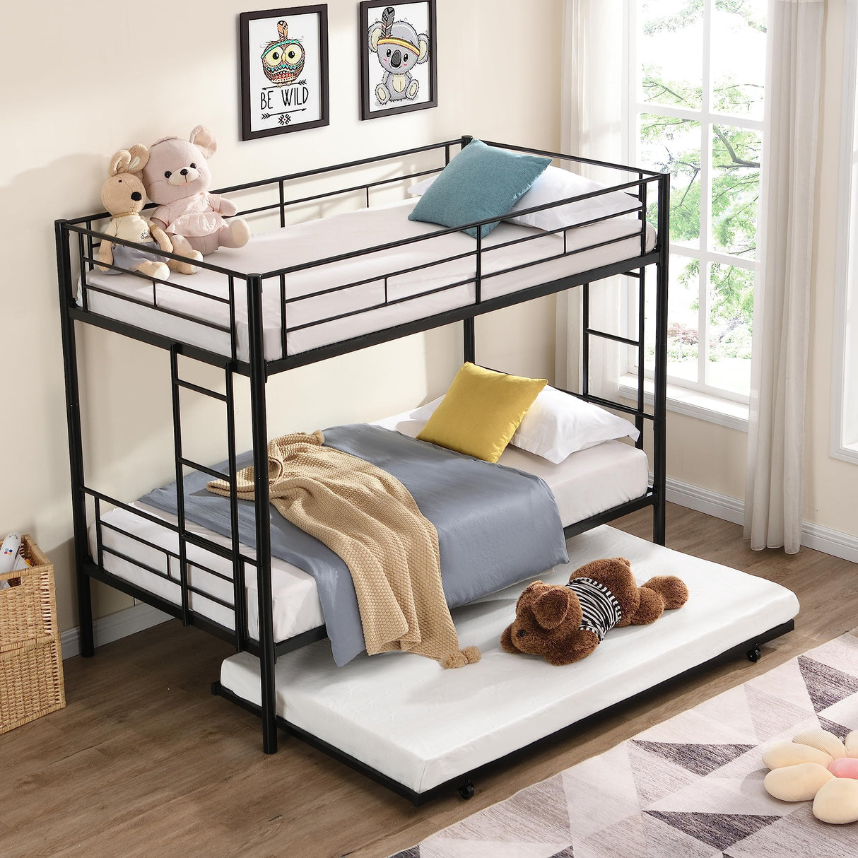 EMKK Twin Over Twin Bunk Bed with Trundle,Metal Triple Bunk Beds w/Two Side Ladders & Safety Guard Rail,3 in 1 Bunk Beds for Kids Teens, No Box Spring Needed Metal Bunkbed,Can be Divided Into Two Beds EMKK